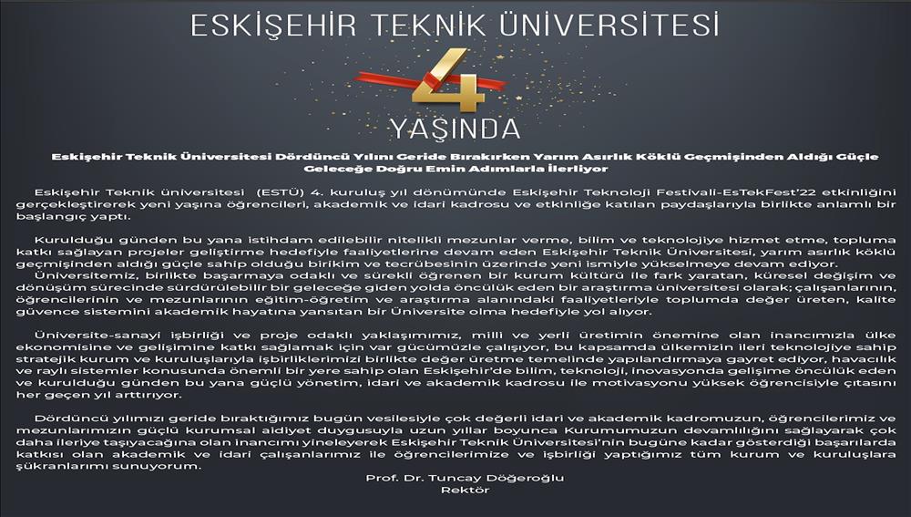 Rektör Prof. Dr. Tuncay Döğeroğlu, Üniversitemizin 4. Kuruluş Yıl Dönümü Nedeniyle Bir Mesaj Yayımladı 